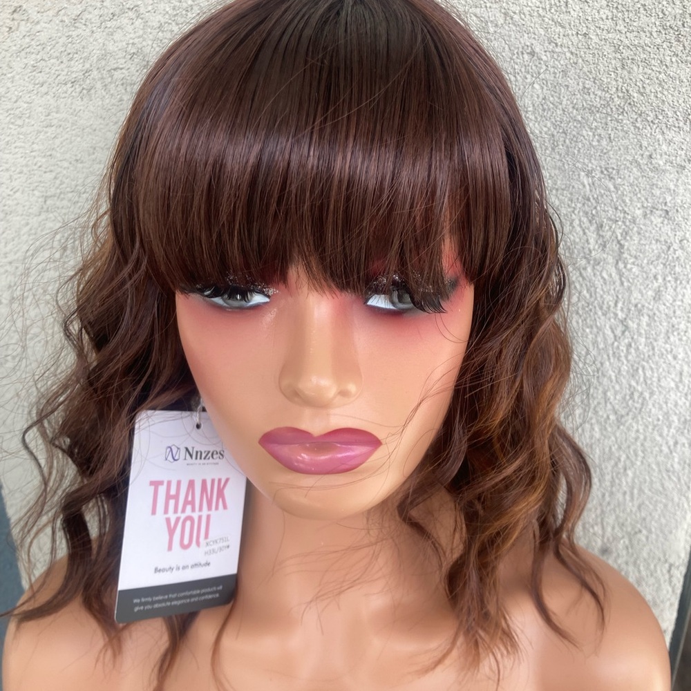 Brown Wavy Wig with Fringe - Natural Brown Hair